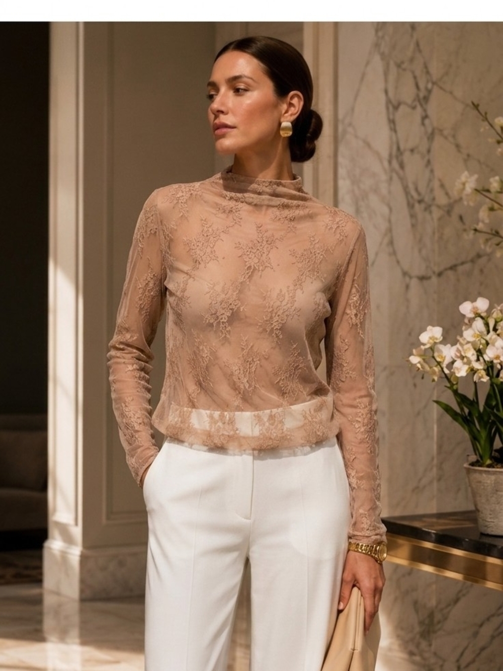 Lace Mesh Mock Neck Layering Top Coffee Brown Long Sleeve Sheer Floral Blouse L
